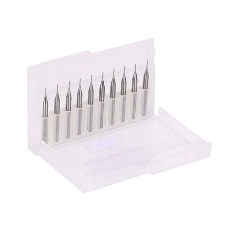 Set of 10 carbide end mills, 0.6 mm diameter, 1/8 in shank, PCB engraving CNC router bits in a clear plastic case.