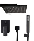 Slick Black Brass Shower System With 12 Inch Square Rainfall Head Wall Mounted Luxury Bath Kit includes handheld sprayer and diverter.