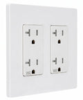 Heavy Duty Tamper Resistant Decorator Outlet Combo Kit Featuring Kid Proof Shutters Two Gang Screwless Wall Plate Set, white color.