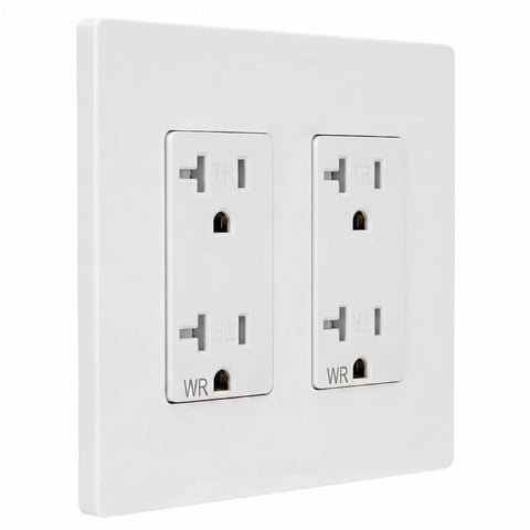 Heavy Duty Tamper Resistant Decorator Outlet Combo Kit Featuring Kid Proof Shutters Two Gang Screwless Wall Plate Set, white color.