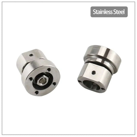 Two stainless steel damping hinge joints with straight disc rotary shafts, adjustable torque 2.0 N.m, front and side views.