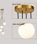 Dope Mid Century Modern Pendant Lighting Four Light Globe Chandeliers With White Opal Glass Shades And Brass Finish For Living Room Dining Area Kitchen Island showing brass details and glass shade close-up.