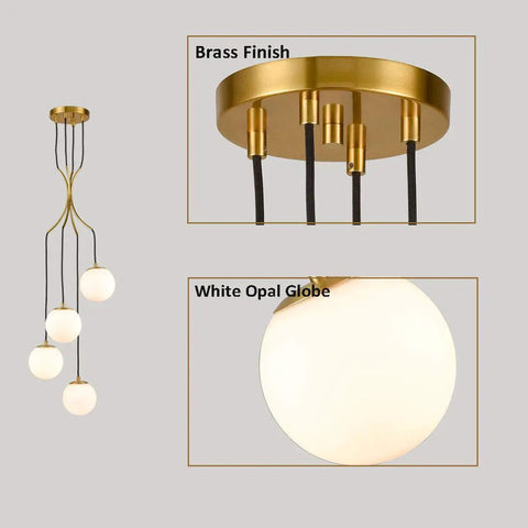 Dope Mid Century Modern Pendant Lighting Four Light Globe Chandeliers With White Opal Glass Shades And Brass Finish For Living Room Dining Area Kitchen Island showing brass details and glass shade close-up.