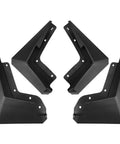 Tough Front And Rear Mud Flaps For Tesla Cybertruck 2024 set of four black wheel guards for blocking dirt and rocks.
