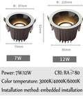 Pack Of Six Slick Led Recessed Downlights Featuring Baffle Trim And Adjustable Color Temperature Tough Waterproof Spotlights For Kitchen And Bathrooms No Sweat 12 Watt Ceiling Bulbs With High CRI Rating showing 7W and 12W dimensions.