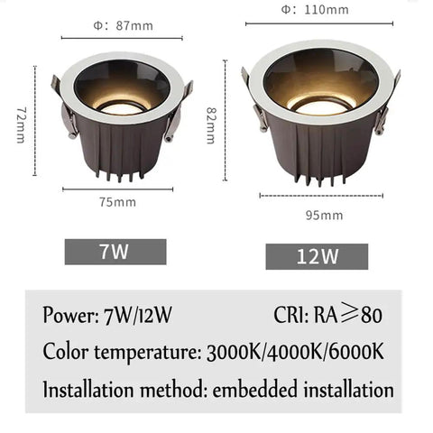 Pack Of Six Slick Led Recessed Downlights Featuring Baffle Trim And Adjustable Color Temperature Tough Waterproof Spotlights For Kitchen And Bathrooms No Sweat 12 Watt Ceiling Bulbs With High CRI Rating showing 7W and 12W dimensions.