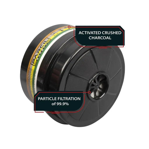 Close-up of 40mm Replacement Filter Canister With Activated Carbon For Respirators, showing activated charcoal and filtration details.