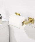 Gold Toilet Paper Holder And Hand Towel Bar Set In Brushed Brass With Double Post Pivoting Design For Secure Roll Change Stainless Steel Wall Mounted Modern Bathroom Hardware Two Piece Set showing close-up of mounted toilet paper holder on wall.