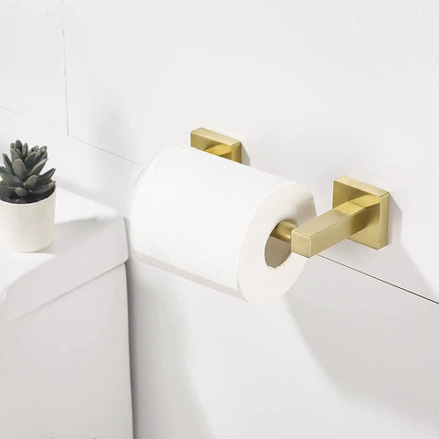 Gold Toilet Paper Holder And Hand Towel Bar Set In Brushed Brass With Double Post Pivoting Design For Secure Roll Change Stainless Steel Wall Mounted Modern Bathroom Hardware Two Piece Set showing close-up of mounted toilet paper holder on wall.