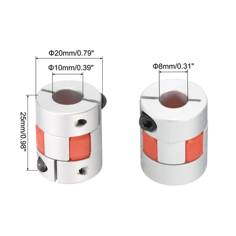 Aluminum Shaft Coupling 8mm To 10mm Bore Flexible Coupler Joint For Machines And Servo Stepped Motors L25 X D20 Pack Of 2 Silver And Red