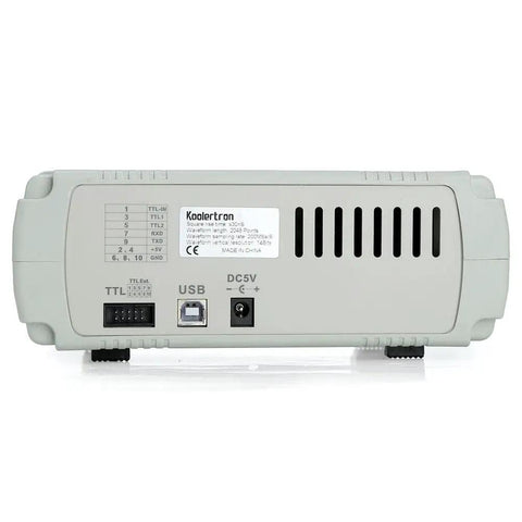 Heavy Duty Kickass Dual Channel DDS Signal Generator Frequency Counter back view showcasing ports and specifications.