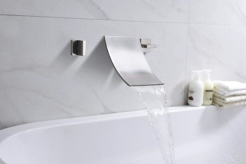 Wall Mount Waterfall Tub Faucet Three-Hole Brushed Nickel, Solid Brass Bath Filler With Ultra High Flow waterfall spout in action