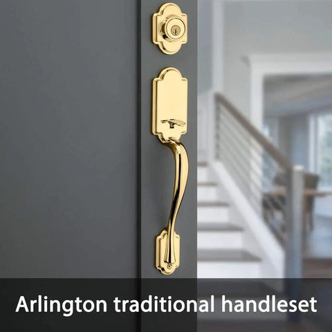 Arlington Single Cylinder Handleset With Lido Lever SmartKey Rekey Tech For Beefed Up Exterior Door Security Lifetime Polished Brass Finish KW1 Keyway Compatible displayed on door