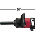 Heavy Duty 1 Inch Drive Pneumatic Impact Wrench With Extended 7.6 Inch Shank For Deep Rim Access Pinless Clutch 20 Inch Tool Length Red Finish Half Inch Air Inlet Half Inch Hose One Year Warranty, 20 in side view