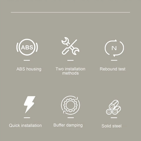 Icons showing features of Automatic Door Closer With 2.65 Lbs Closing Force, Steel Drawstring Retractable Closer For Standard, Screen And Sliding Doors, Durable Heavy Duty Build, Easy Install, Fits Thick Glass Panels And Daily High Traffic Entrances such as ABS housing, installation methods, rebound test.