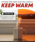 Steaming coffee cup on a counter illustrating 'Auto Keep Warm' feature for Five Cup Coffee Maker With One Touch Brew Pause And Serve.