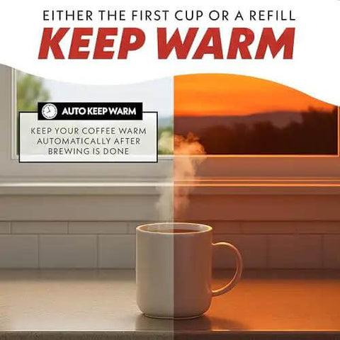 Steaming coffee cup on a counter illustrating 'Auto Keep Warm' feature for Five Cup Coffee Maker With One Touch Brew Pause And Serve.