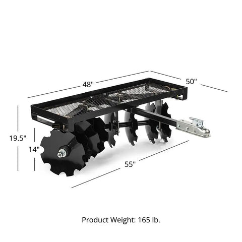 Tow Behind Notched Disc Harrow Attachment for ATV UTV 4 Ft Wide with 2 In Towball Hitch 14 In Concave Discs side view
