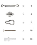 316 Marine Stainless Steel Shade Sail Hardware Kit contents showing turnbuckle, plate, hook, screw, and anchor for setup