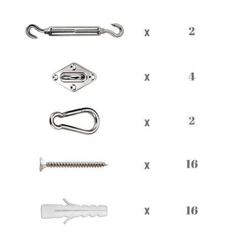 316 Marine Stainless Steel Shade Sail Hardware Kit contents showing turnbuckle, plate, hook, screw, and anchor for setup