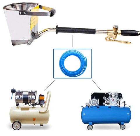 Image showing 4 Jet Pneumatic Cement Mortar Sprayer Gun For Stucco And Plaster with compressor units and hose.