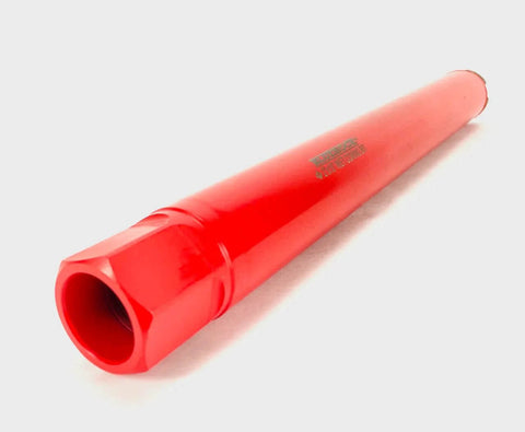 Side view of red 2-inch diamond wet core drill bit with plastic sleeve
