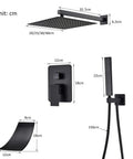 UMJIGF Shower System Wall Mounted Concealed Shower Faucet Set Multifunction Matte Black Shower Combo Set with Shower Head, Handheld Shower, Waterfall Tub Spout,8 Inch,12 Inch dimensions and parts view.