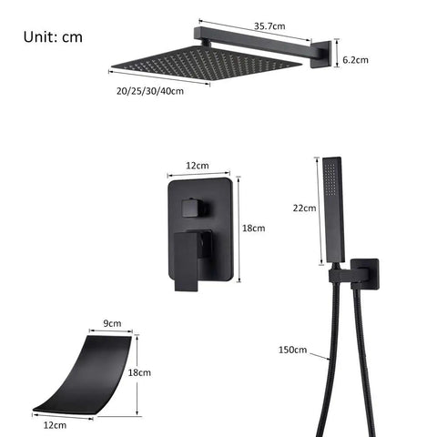 UMJIGF Shower System Wall Mounted Concealed Shower Faucet Set Multifunction Matte Black Shower Combo Set with Shower Head, Handheld Shower, Waterfall Tub Spout,8 Inch,12 Inch dimensions and parts view.