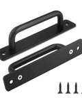 2 Pack Barn Door Pulls 5 Inch Long Base Handles with mounting screws, aluminum alloy, black finish; front and angled view.