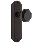 Deco Plate Double Dummy Waldorf Black Door Knob Set In Timeless Bronze With Solid Forged Brass Plates And Lead Crystal Knobs No Latch Or Lock Complete Kit For One Door With Both Sides And Easy Install On Pre Drilled Doors image showcasing black octagonal knob on rectangular bronze plate, screw mounts visible