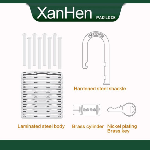 Diagram showing internal components of Six Pack Laminated Steel Keyed Padlocks with Long Shackle including shackle, brass cylinder, and key.