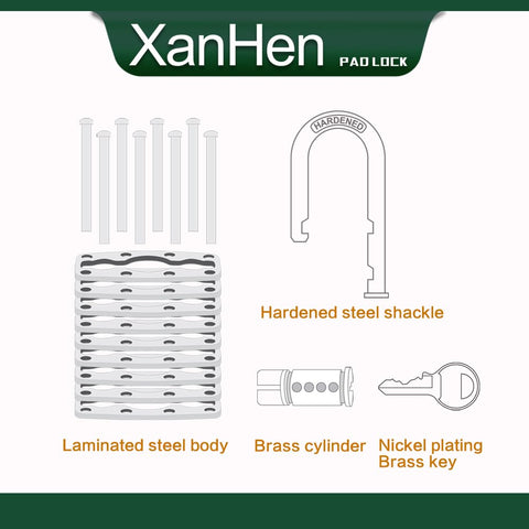 Diagram showing hardened steel shackle, laminated steel body, and brass cylinder of Keyed Alike Laminated Steel Padlocks