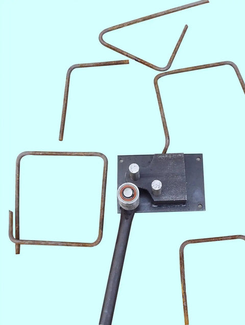 Heavy-Duty Manual Rebar Bender For Steel Rods, Bendable Diameter 0.16 To 0.55 Inches with bent steel rods.