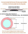 360 Degree Tempered Glass Lazy Susan Turntable With Silent Rotation diagram showing size guidelines relative to dining table.