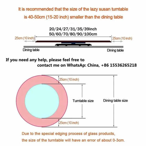 Diagram of Heavy Duty Turntable Lazy Susan Tempered Glass Serving Tray size recommendations for dining tables.