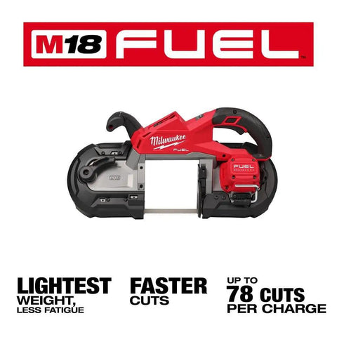 M18 Fuel Deep Cut Band Saw With Powerstate Brushless Motor Delivers 550 SFPM For Heavy Duty Metal Cutting Lightweight Design Reduces Fatigue Up To 78 Cuts Per Charge In 1 5 8 Inch Unistrut 5 Inch By 5 Inch Cut Capacity For Real World Jobs. Front view showing red and black design.