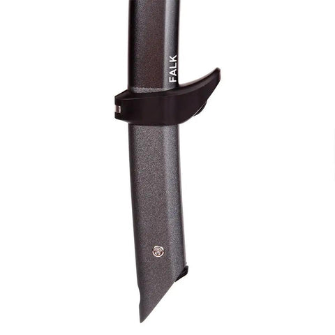 Close-up of the anodized aluminum shaft of Falk Ice Axe With Chromoly Steel Head, Dual Textured Grip, Steel Grey 45cm