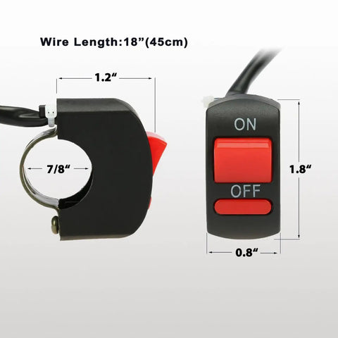 Universal 12V DC Motorcycle Handlebar Push Button On Off Switch With 18 Inch Wire 10A Fits Seven Eighths Inch Handlebars