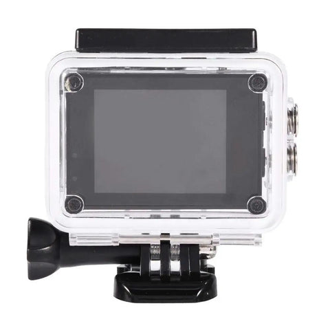 Back view of Go Anywhere Action Camera 1080P Full HD With 2 Inch LCD Screen Waterproof 30m Case Kit Of Mounting Accessories Bracket Black.