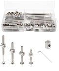 Crib Hardware Replacement Kit Featuring M6 Socket Cap Screws In 40 50 60 70 And 80 Mm Lengths, 16 Bolts, 16 M6 x 12mm Barrel Nuts, And 1 M4 Wrench For Easy Crib Assembly And Repair, shown in organized tray and laid out.