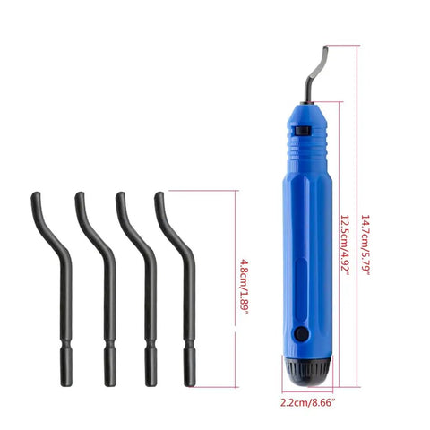 All Purpose Deburring Tool Kit With 360 Degree Rotating Cutter And Replaceable Blades For Wood Metal Plastic Aluminum And Steel Edges Burr Removal For Pros And DIYers, shown with blue handle and multiple black blades on white background.