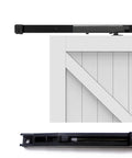 Two Pack Barn Door Soft Close Damper Kit Hole Free Mounting No Drill Quiet Closing Adjustable One Way Damping Buffer Hidden Behind Rail For Quiet Soft Closing SHOUCAN, shown mounted behind a barn door rail.