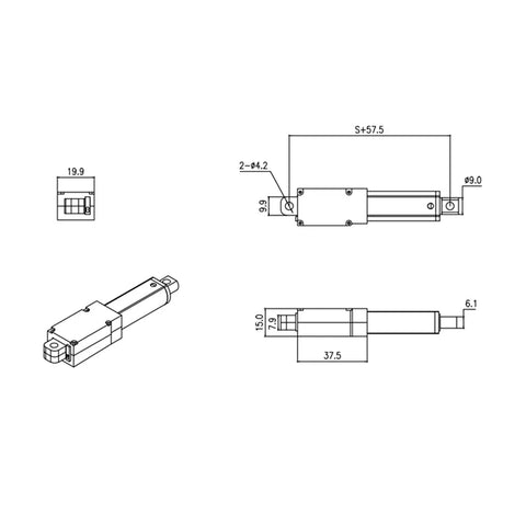 Technical diagram of 12V DC Linear Actuator with 50mm stroke, 30mm/s speed, 20N load capacity, mini limit switch, compact and durable fuselage.