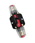 High-Octane 30 Amp Manual Reset Car Circuit Breaker Waterproof Inline Fuse Block For 12V To 25V Vehicles with red switch.