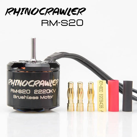 RhinoCrawler RM-S20 2220KV Brushless Motor with connectors on white background