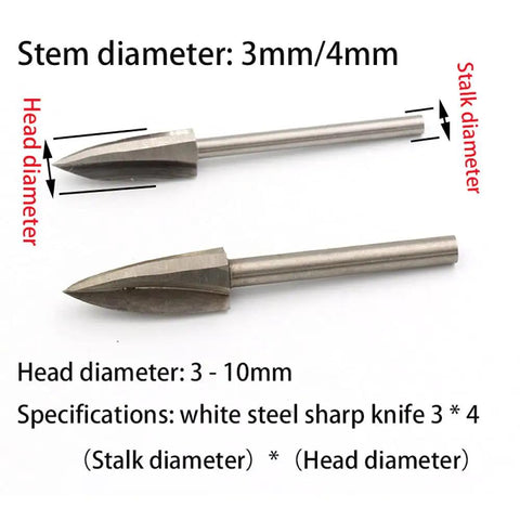 Handyman Favorite White Steel Wood Carving Milling Cutter For Rotary Tools showing two rotary bits with 3-10mm head diameter.