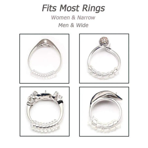 Clear Silicone Ring Size Adjuster Guard For Loose Rings Fits Most Rings For Women And Men Four Adjustable Loop Sizes No Adhesive Needed Easy Resizing With More Loops For A Tighter Fit shown on different ring types