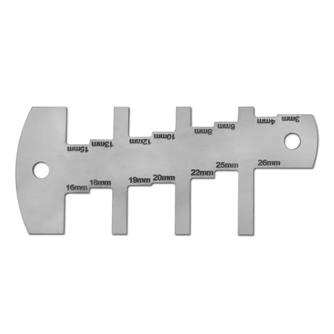 Pro Grade Stainless Steel Height Gauge For Woodworking And Router Depth Measurement From 3 To 26 mm, flat view, measurement markings visible.