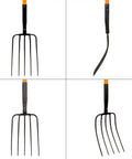 Heavy Duty Garden Pitch Fork With 5 Tines And Fiberglass Handle 58 Inches One Piece High Carbon Steel Head Rust Resistant Coating Non Slip Grip