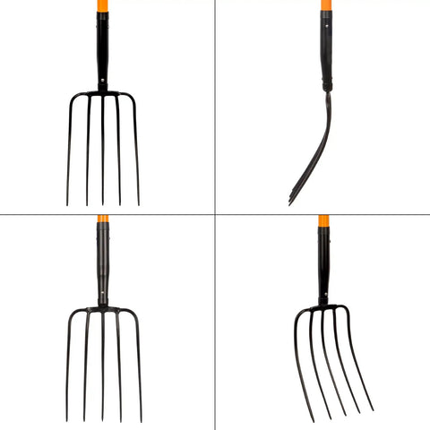 Heavy Duty Garden Pitch Fork With 5 Tines And Fiberglass Handle 58 Inches One Piece High Carbon Steel Head Rust Resistant Coating Non Slip Grip